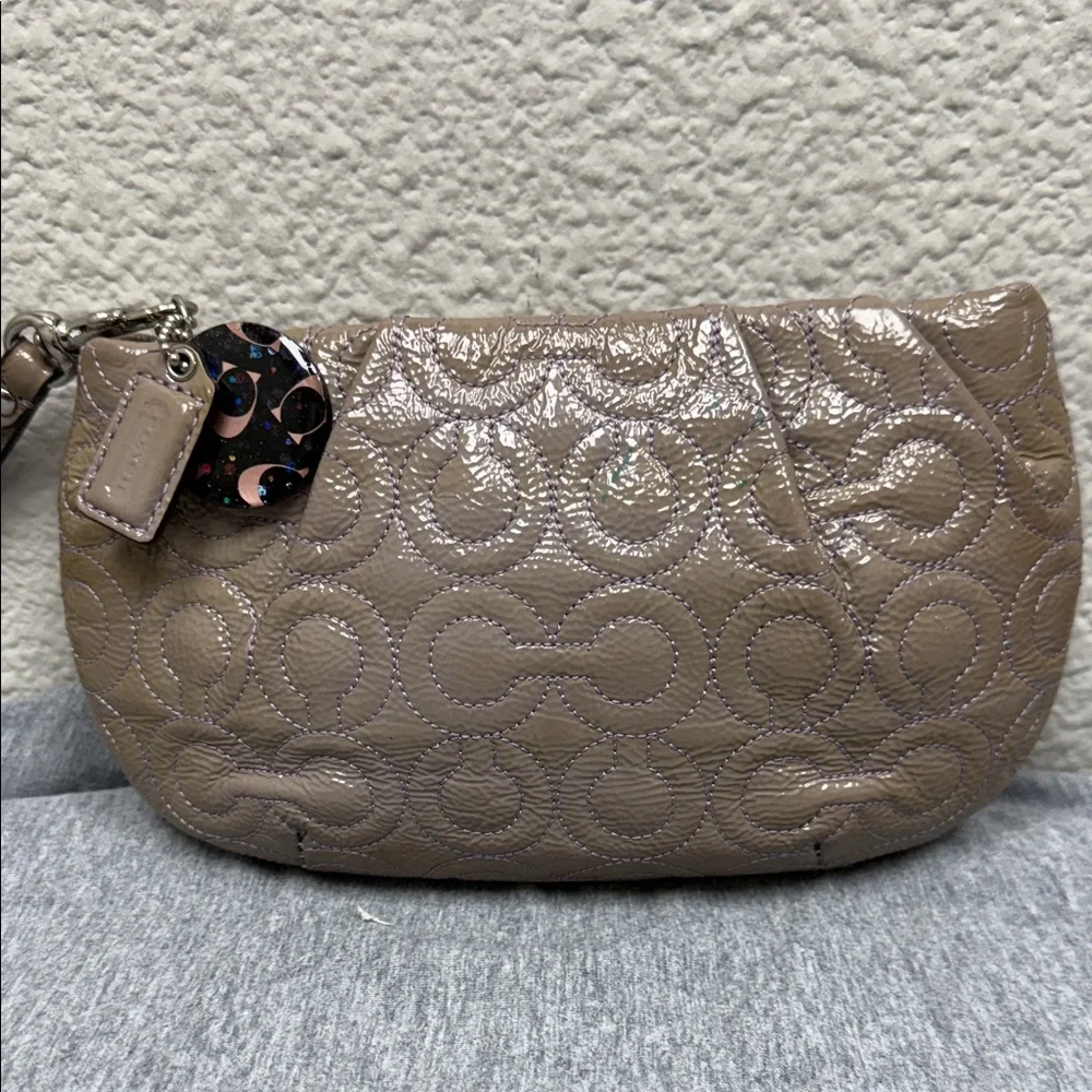 Coach Taupe Quilted Patent Wristlet Clutch